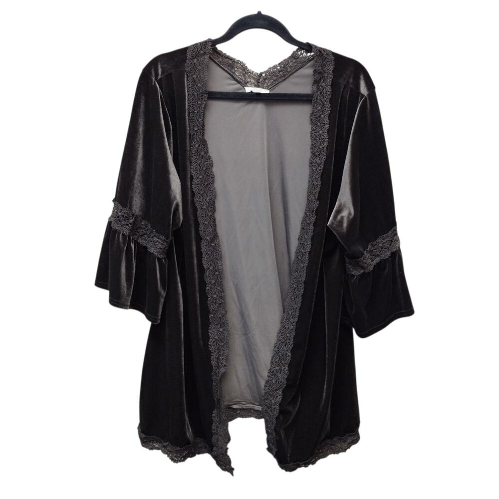 Easel Womens Boho Whimsigoth Velvet Kimono Small Brown Bell Sleeves Eyelet Trim